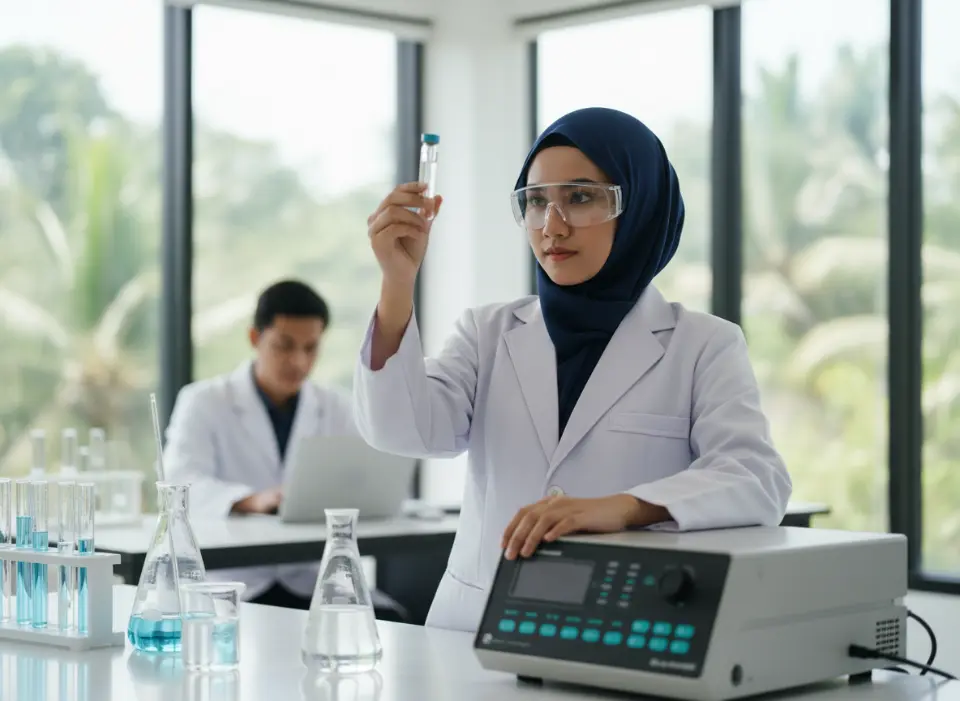 Analis lingkungan memeriksa contoh air di laboratorium